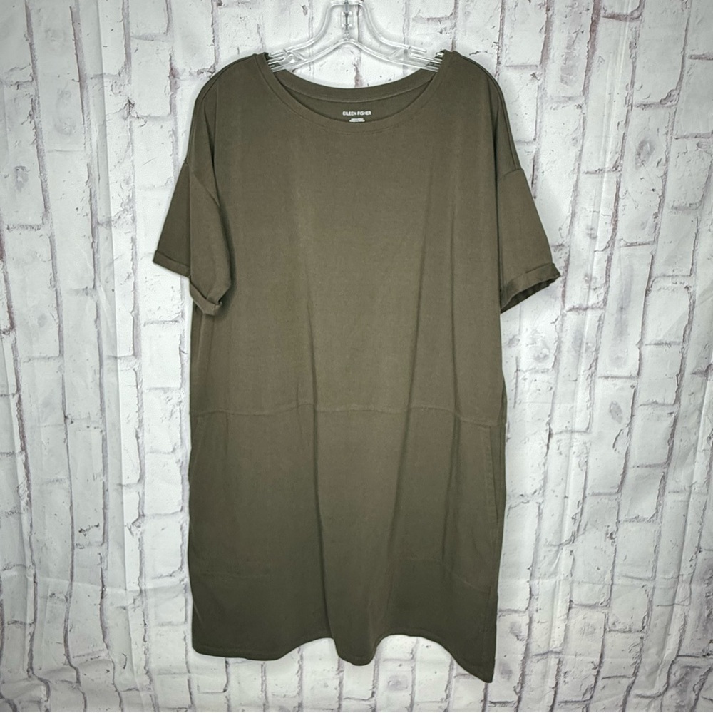 EILEEN FISHER Organic Cotton Jersey Round Neck Dress Size L Grove Green Pockets